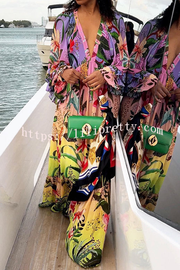 Lilipretty Jessy Tropical Print Tiered Ruffle Balloon Sleeve Vacation Maxi Dress