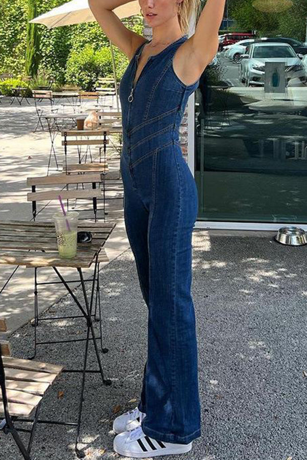 Fashionable Heart Hollow Back Slim High Waist Flared Denim Jumpsuit