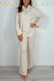 Solid Color Lapel Long-sleeved Loose Top and Elastic Waist Casual Pants Set