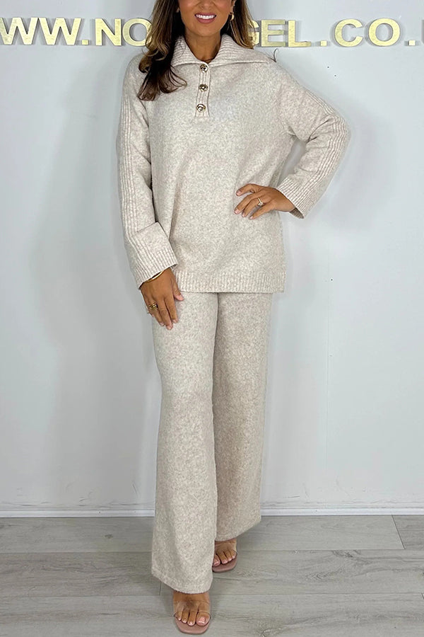 Solid Color Lapel Long-sleeved Loose Top and Elastic Waist Casual Pants Set