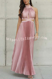 Stunning Choice Satin Pleated Halter High Neck Cutout Waist Backless Maxi Dress