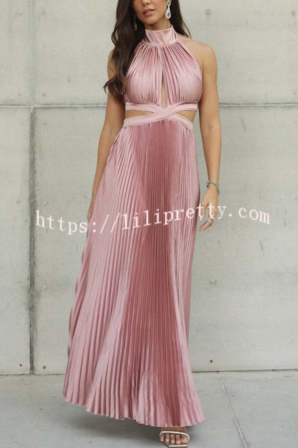 Stunning Choice Satin Pleated Halter High Neck Cutout Waist Backless Maxi Dress