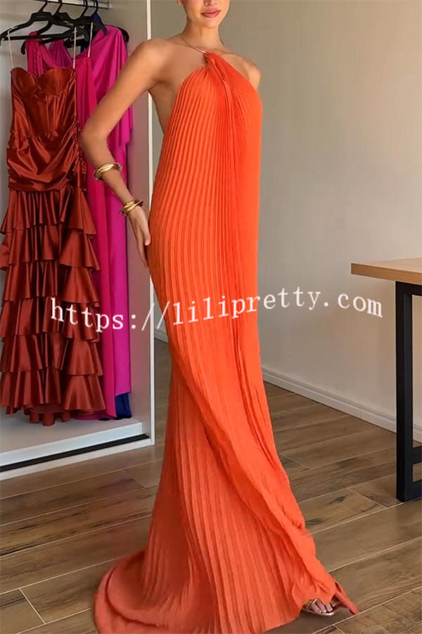 Coralie Pleated Metal Ring Halter Backless Loose Maxi Dress