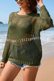 Solid Color Round Neck Long Sleeve Heart Knitted Beach Cover Up