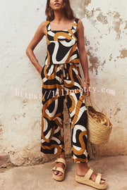 Printed Wide Straps Square Neck Tank and Pockets Elastic Waist Wide Leg Trousers Set
