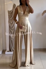 Roisin Metallic Fabric Ruched Shoulder V-neck Wide Leg Drape Jumpsuit