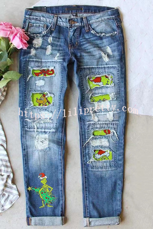 Santa Hat Green Grinch Print Zipper Button Washed Jeans