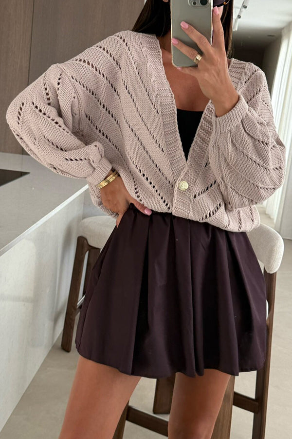 Fashion Hollow Knitted V-neck Button Loose Cardigan