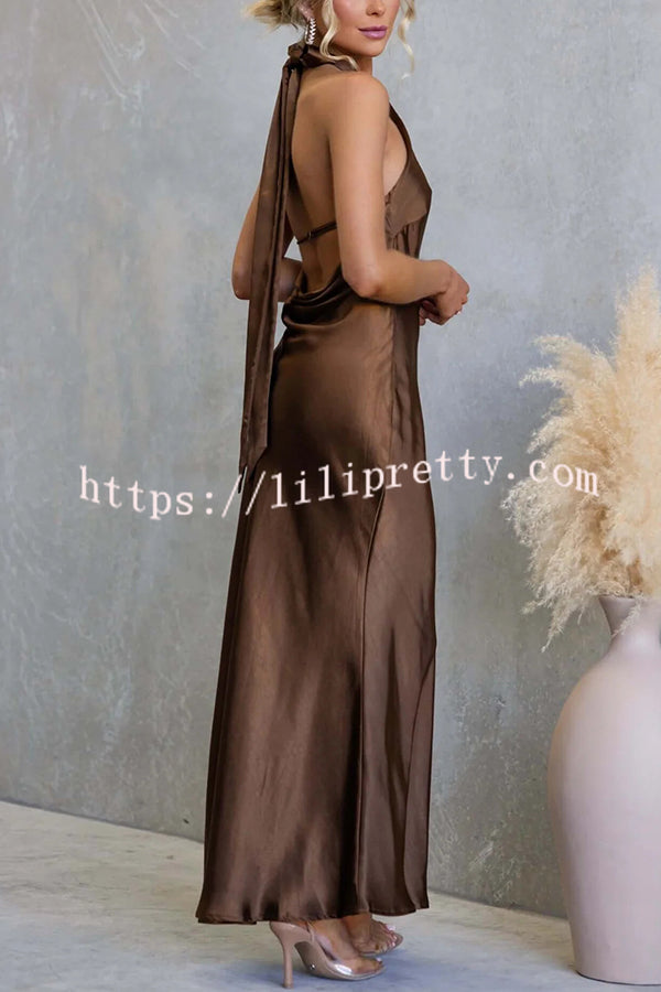 Satin Fashion Halter Backless Slim Elegant Maxi Dress