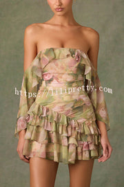 Chiffon Floral Print Elegant Multi-Layered Ruffle Mini Dress