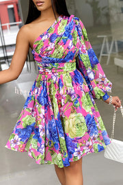 Stylish Printed One Shoulder Tighten Waist Mini Dress