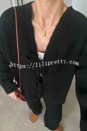 Solid Color V-neck Tie Long-sleeved Loose Knit Cardigan and Elastic Waist Casual Straight Leg Pants Set