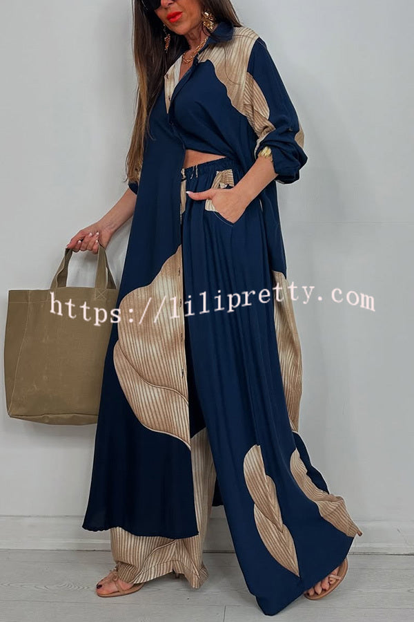 Unique Printed Casual Loose Long Shirt and Elastic Waist Pocket Wide Leg Pants Set