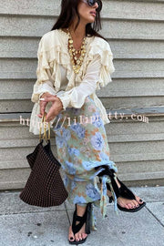 Autumn Boho Chiffon Lace Trim Ruffle Balloon Sleeve Blouse