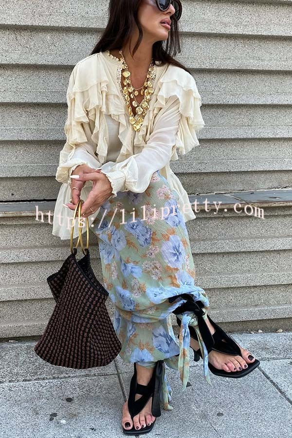 Autumn Boho Chiffon Lace Trim Ruffle Balloon Sleeve Blouse