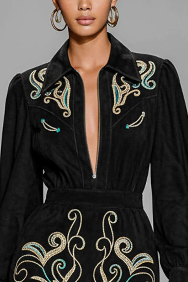 Fashionable Embroidered Floral Pattern Long-sleeved Fitted Waist Mini Dress