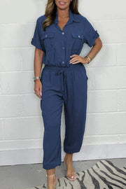Solid Color Lapel Short Sleeve Casual Pocket Loose Jumpsuit