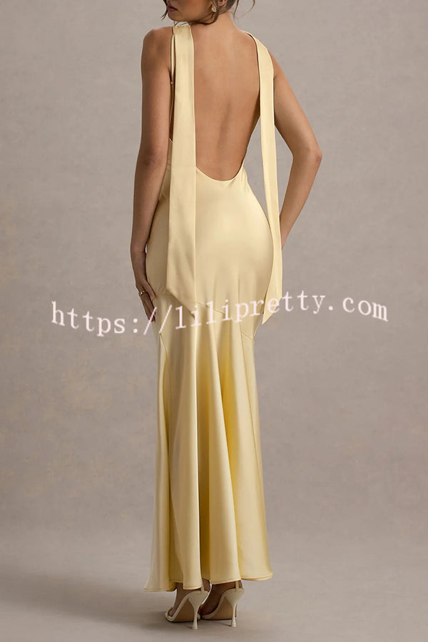 Timeless Sophistication Satin Cowl Detail Back Self-tie Halter Neck Maxi Dress