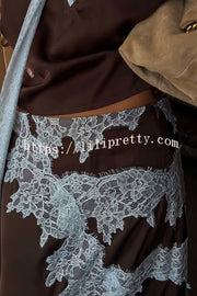 Sunday Social Contrast Color Satin Lace Trim Mid Rise Maxi Skirt