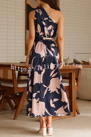 Unique Print Sleeveless One Shoulder Belted Maxi Dress