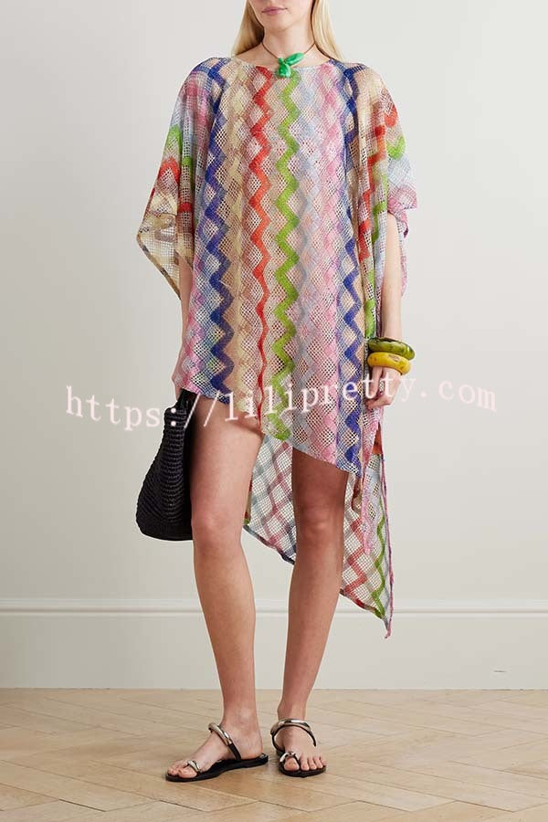 Sun Washed Knit Colorful Zigzag Pattern Asymmetric Hem Loose Cover-ups Kaftan