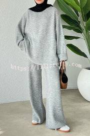 Solid Color Loose Long-sleeved Knit Top and Elastic Waist Casual Straight Leg Pants Set