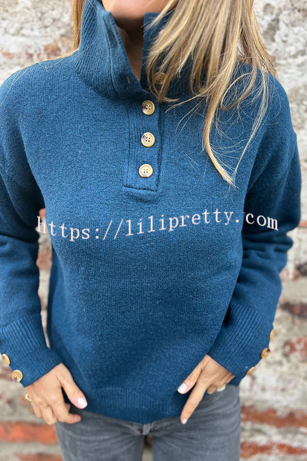 Solid Color High Collar Button Loose Long Sleeve Knitted Sweater