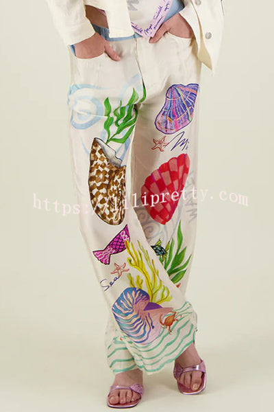 Lilipretty® Dream Ocean Satin Unique Print Back Elastic Waist Pocketed Wide Leg Pants
