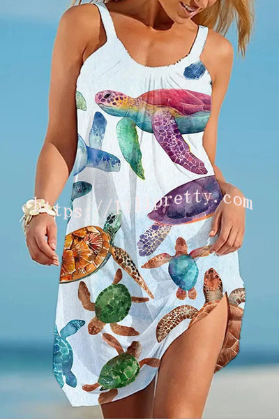 Lilipretty Liberty Island Ocean Turtle Printed Sling Beach Mini Dress