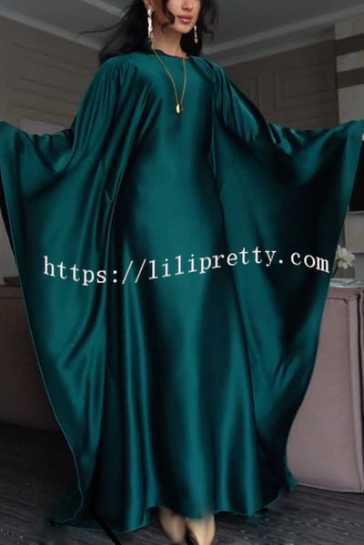 Dignified and Elegant Satin Batwing Sleeve with Waist Tie Design A-line Maxi Dress