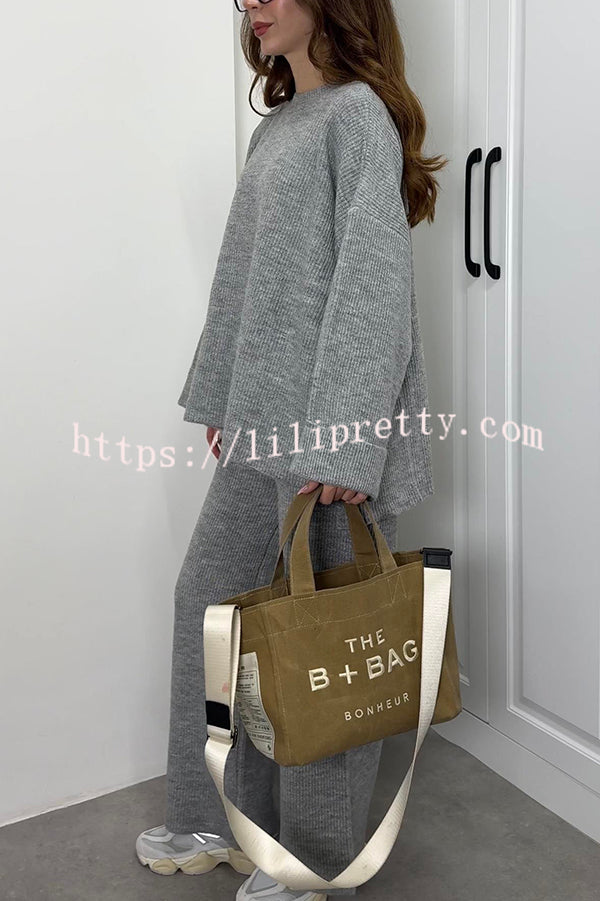 Solid Color Loose Long-sleeved Knit Top and Elastic Waist Casual Straight Leg Pants Set