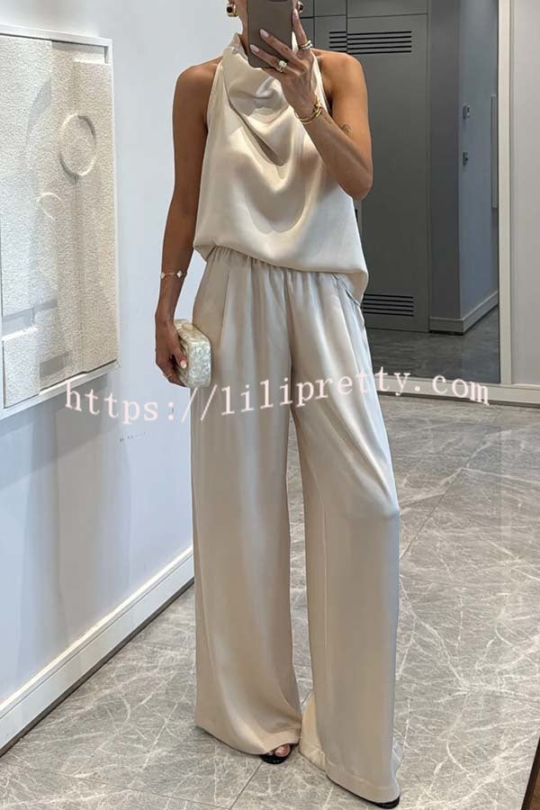Classic on You Satin High Cowl Neck Top and Elastic Waist Pocket Loose Pants Set