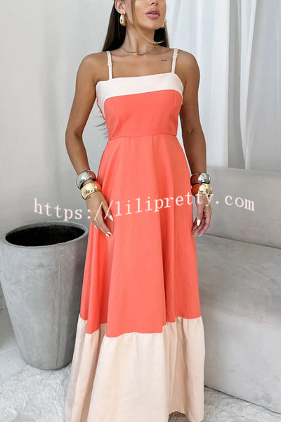 Fashionable Contrast Color Stitching Sling Maxi Dress