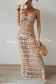 Sexy Sleeveless Sling Hollow Knit Cover-up Maxi Dress