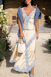 Wine Tasting Contrast Color Satin Lace Trim Irregular Hem Drape Midi Skirt