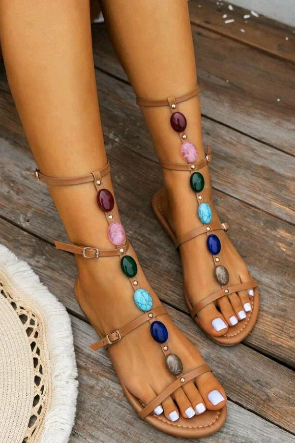 Buckle Strap Colorful Pearl Beach Resort Style Flat Sandals