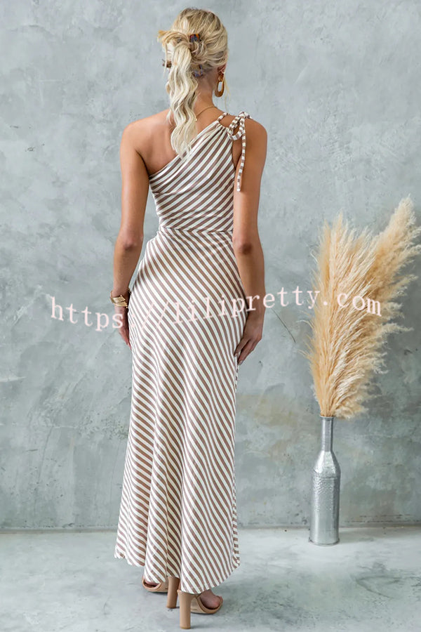 Stylish Striped Print One Shoulder Slope-neck Maxi Dress