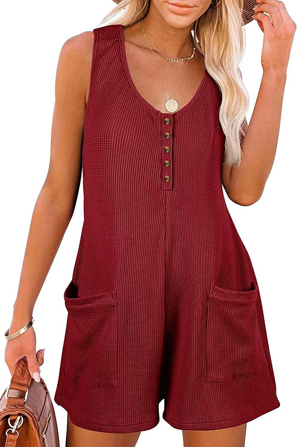 Lilipretty Summer Camping Waffle Fabric Button Up Pocketed Loose Romper