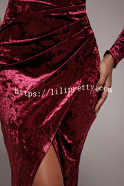 Solid Color Velvet Long-sleeved Slim-fit Slit Midi Dress