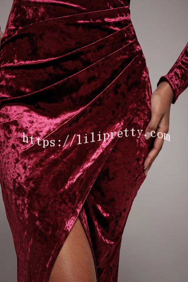 Solid Color Velvet Long-sleeved Slim-fit Slit Midi Dress