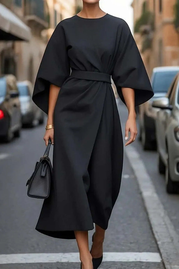 Solid Color Batwing Sleeve Waisted Casual Midi Dress