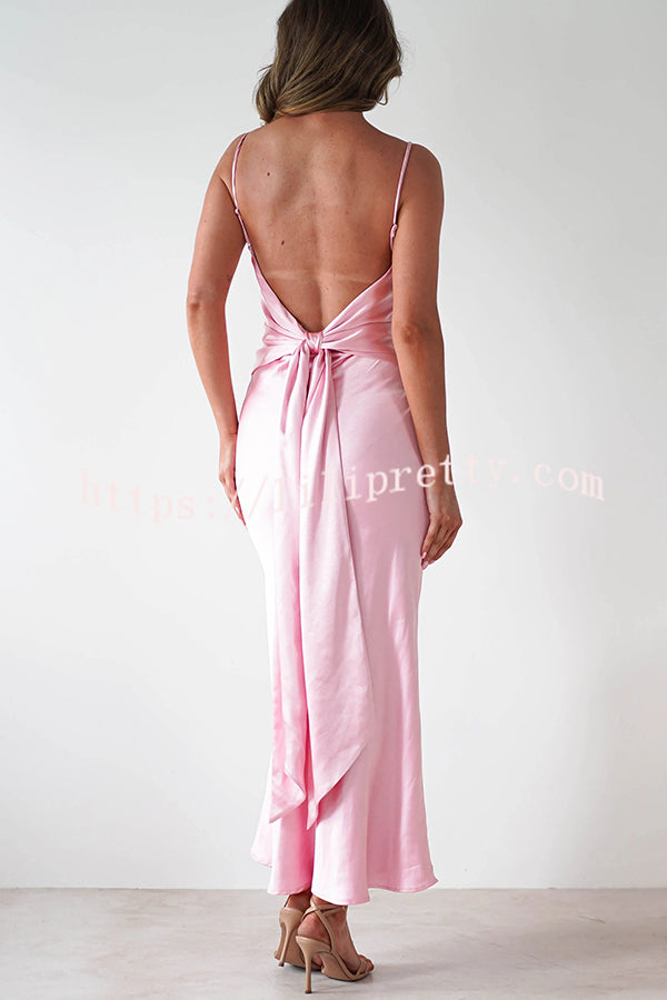 Satin Elegant Sling Backless Lace-Up Midi Dress