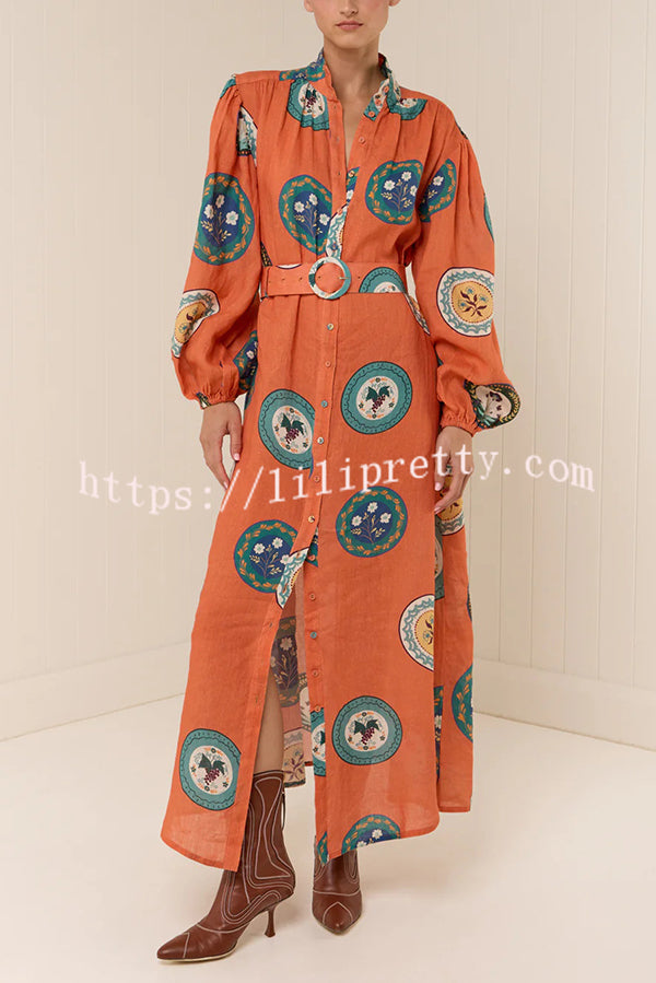 Linen Blend Unique Print Belted Single-breasted Casual Maxi Dress
