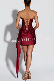Party Entrance Sequin Corset Ruched Satin Ruffle Hem Strapless Mini Dress