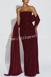 Pandra Glittery Crepe Fabric Off Shoulder Ruched Slit Cape Maxi Dress