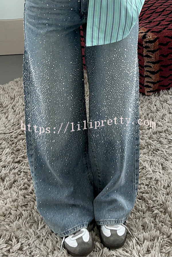 Fashionable Rhinestone Mid-rise Loose Pocket Straight Jeans