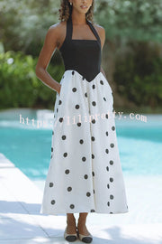 Kai Linen Blend Colorblock Polka Dot Print Halter Pocketed Midi Dress