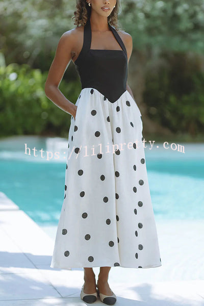 Kai Linen Blend Colorblock Polka Dot Print Halter Pocketed Midi Dress