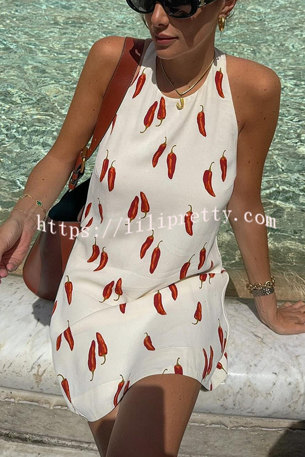 Lilipretty® Spicy Summer Chili Pepper Unique Print Soft Fabric Halter Loose Mini Dress