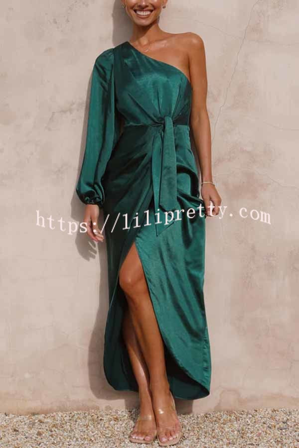 Lilipretty Endearing Romance Satin One Shoulder Front Tie Up Slit Maxi Dress